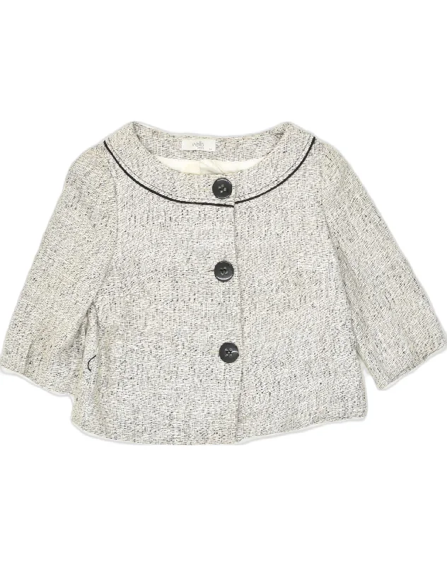 WALLIS Womens Crop 3 Button Blazer Jacket UK 14 Medium Grey Cotton Boat Neck Shawl Collar Notched Collar