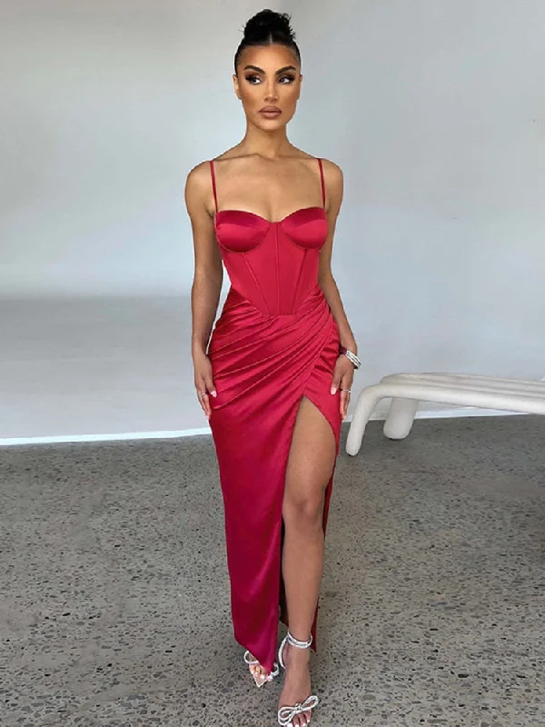 Elegant Satin Hight Split Dress Women Fashion Sexy Spaghetti Strap Ruched Backless Long Evening Dress Party Vestido
