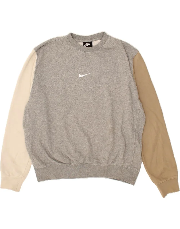 NIKE Womens Standard Fit Sweatshirt Jumper UK 14 Medium Grey Colourblock Hoodie with Elastic Cuffs Stretchable Comfortable