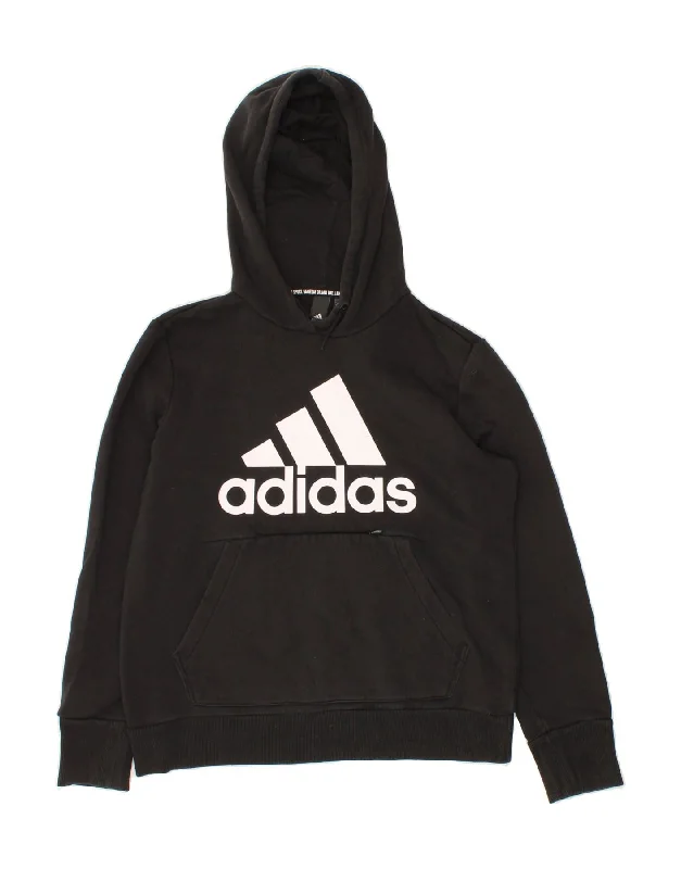 ADIDAS Womens Graphic Hoodie Jumper UK 12/14 Medium Black Cotton Hoodie with Ribbed Neckline Snug Warm
