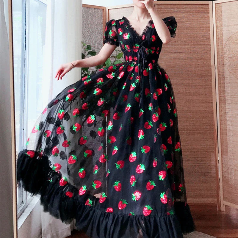 Wjczt Fashion Elegant Strawberry Dress Bodycon Casual Women Dress Summer Sexy Mesh Black Vintage Lace Long Evening Party Dress Tunics Practical durable
