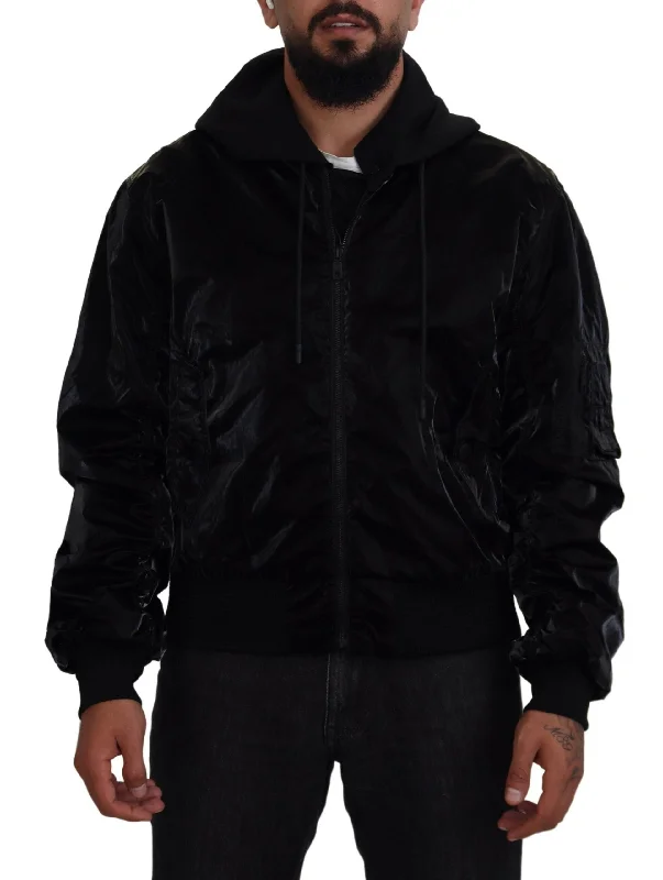 Elegant Black Bomber Hooded Jacket Notch Collar Jacket Peter Pan Collar Jacket Cowl Neck Jacket