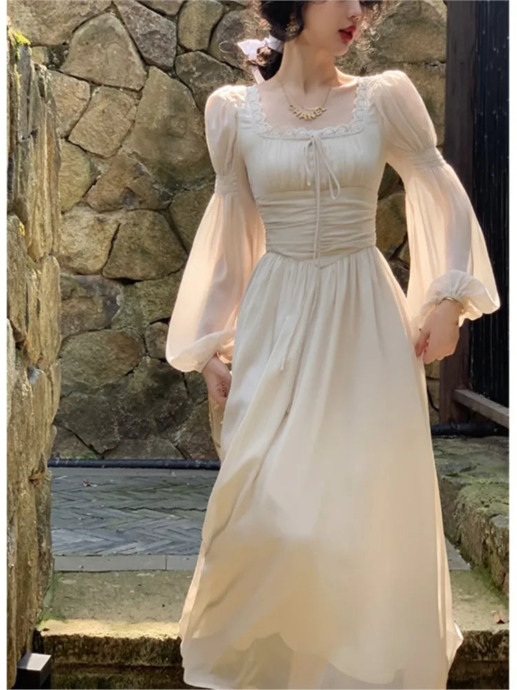 Wjczt Women Casual Print Elegant Square Collar Midi Dress Vintage Female Long Sleeve Lace Holiday Beach Dress Slim Evening Party Dress Tunics Favorite customer