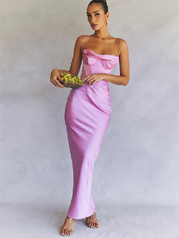 Wjczt Summer Satin Maxi Bodycon Dress Sexy Event Night Wedding Guest Dress Women Corset Party Dresses Pink Slit Dress High Quality Sequined Elegant Party