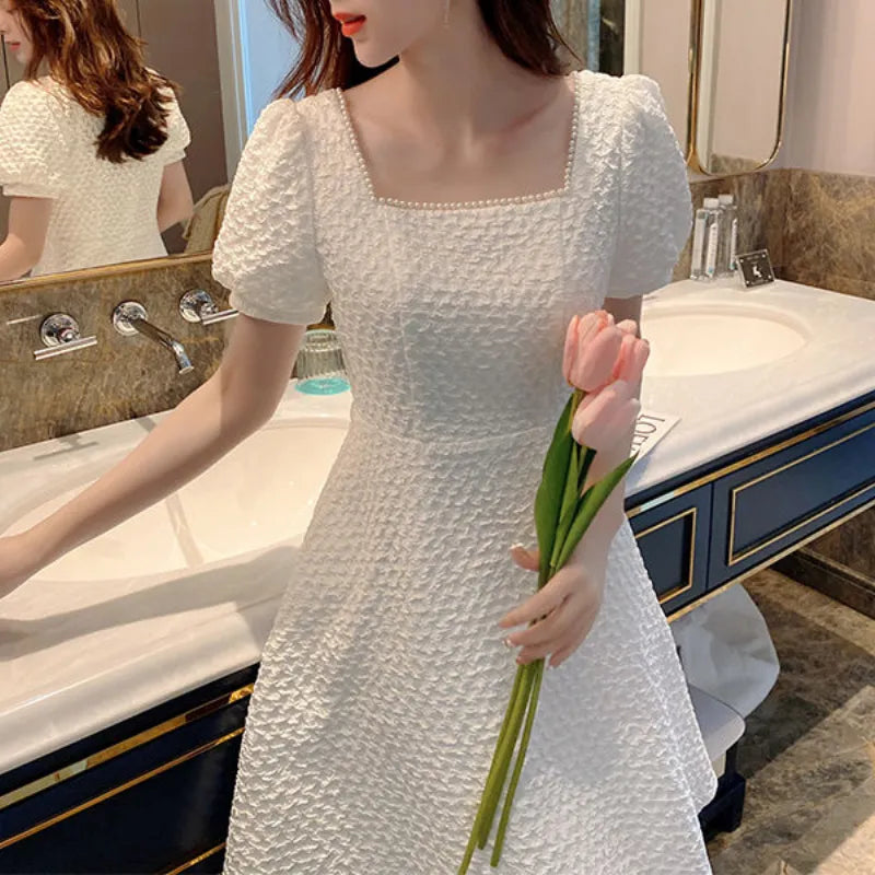 Korean Style White Dress Summer Women's Clothing Wedding Birthday Party Dress Bead Pearl French Retro Prom Skirt Boho Dress Tunics Office stylish