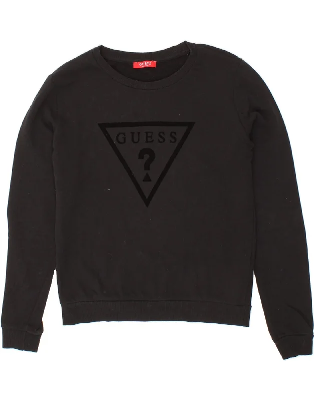 GUESS Womens Graphic Sweatshirt Jumper UK 10 Small Grey Cotton Hoodie with Hem Embroidery Detailed Premium