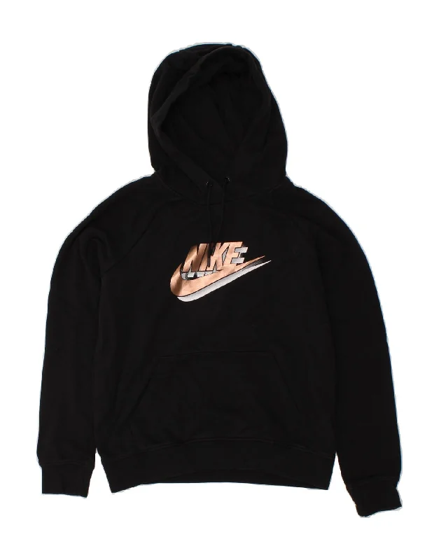 NIKE Womens Oversized Graphic Hoodie Jumper UK 10 Small Black Cotton Cotton Hoodie Fleece Lining Warmth
