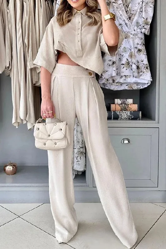 Solid Color Stylish Asymmetric Polo Neck Pant Suit Fashionable Track Pants