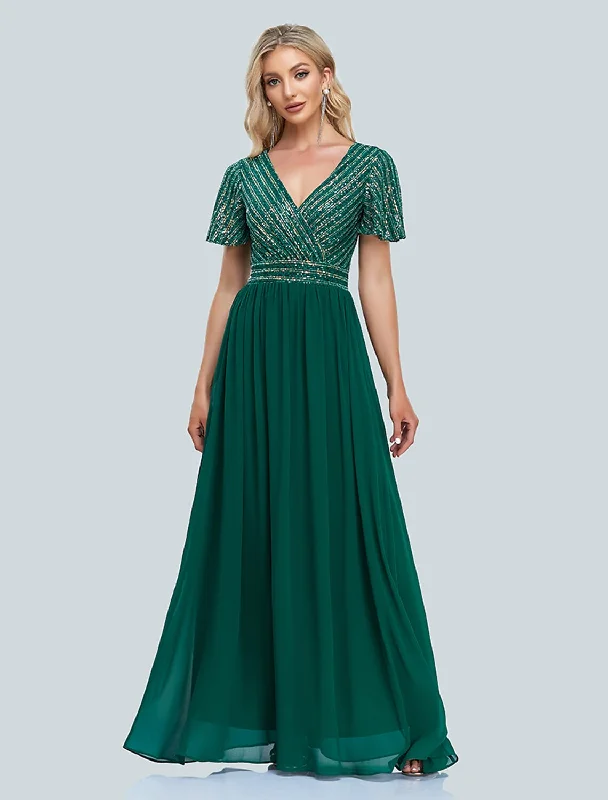 A-Line Mermaid Party Dress Evening Gown Sparkle & Shine Dress Christmas Wedding Guest Floor Length Short Sleeve V Neck Sequined with Sequin Tunics Brand named