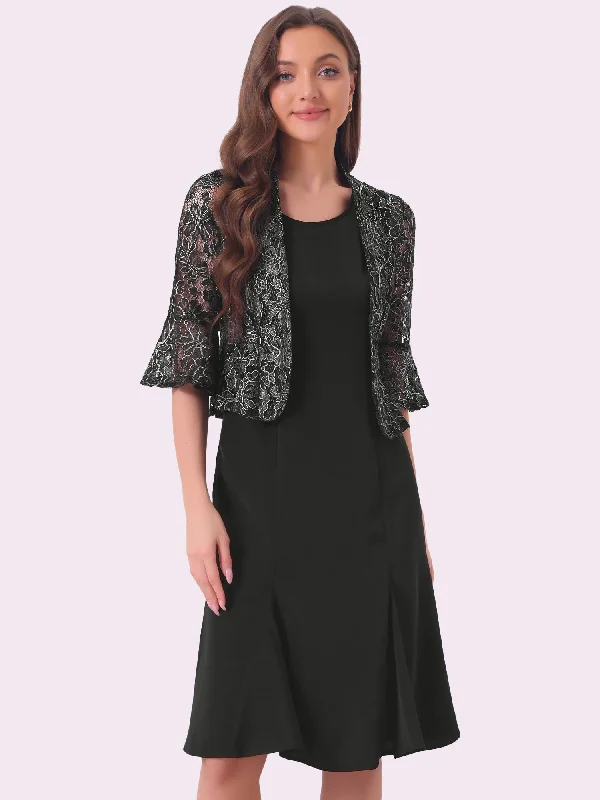 2 Pieces 3/4 Bell Sleeve Lace Cropped Shrug and Sleeveless Midi Fishtail Party Dress Sets Tunics Fall fleece
