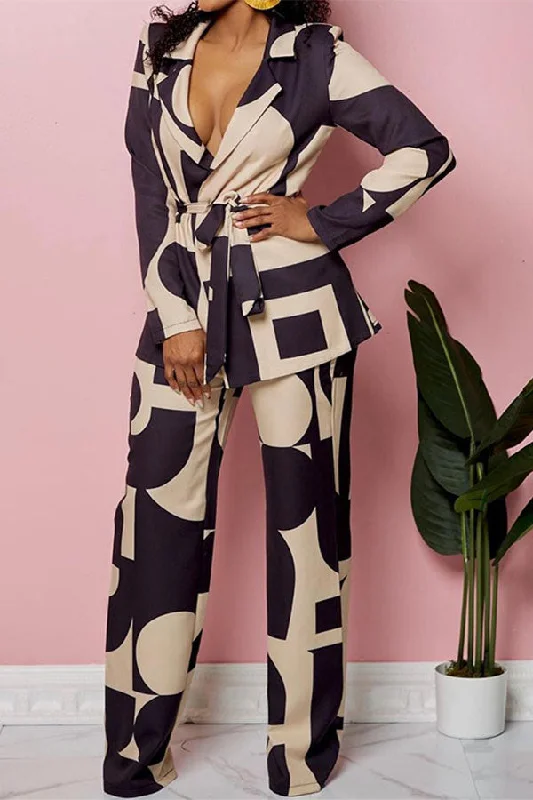 Graphic Print Notched Lapel On-trend Belted Pant Suit Comfy Athletic Pants