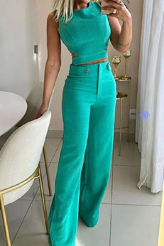 Solid Color Glamorous Round Neck Cutout Pant Suit Comfortable Cargo Pants