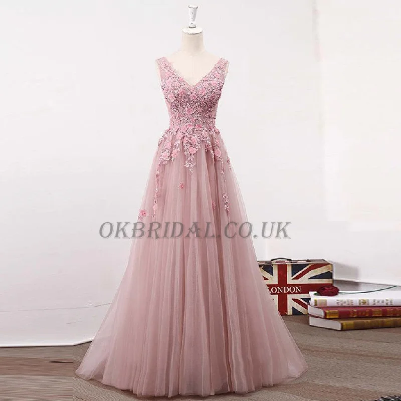 V-Neck Tulle Prom Dress, A-Line Applique Prom Dress, Floor-Length Party Dresses, KX43 Tunics New arrival