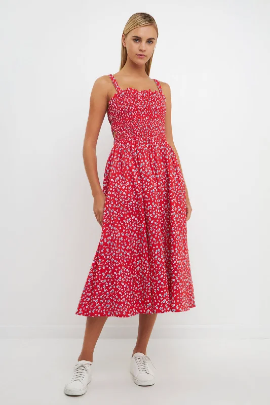 English Factory - Floral Print Smocked Dress in Red