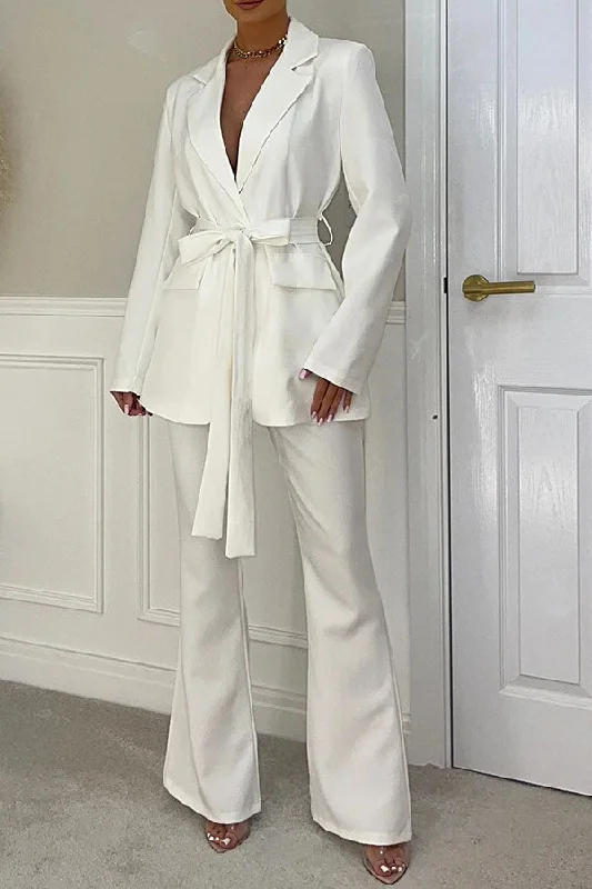 Solid Color Notched Lapel Elegant Belted Pant Suit Comfy Cargo Trousers