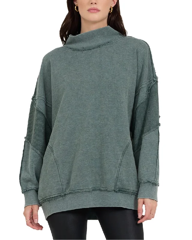 Vintage Havana Washed Corded Terry Mock Neck Sweatshirt Hoodie with Rolled Sleeves Casual Relaxed