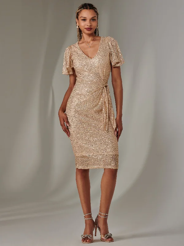 Angel Sleeve Sequin Pencil Dress, Gold