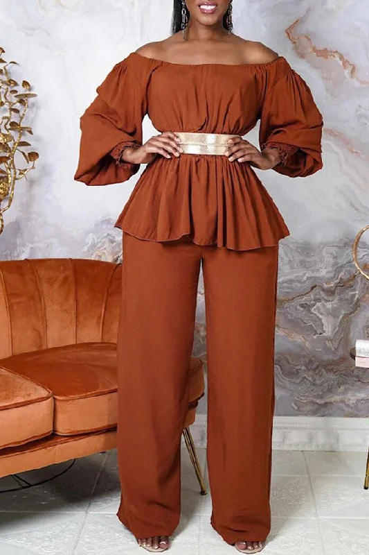 Solid Color Off Shoulder Feminine Belted Pant Suit Formal Wide-Leg Pants
