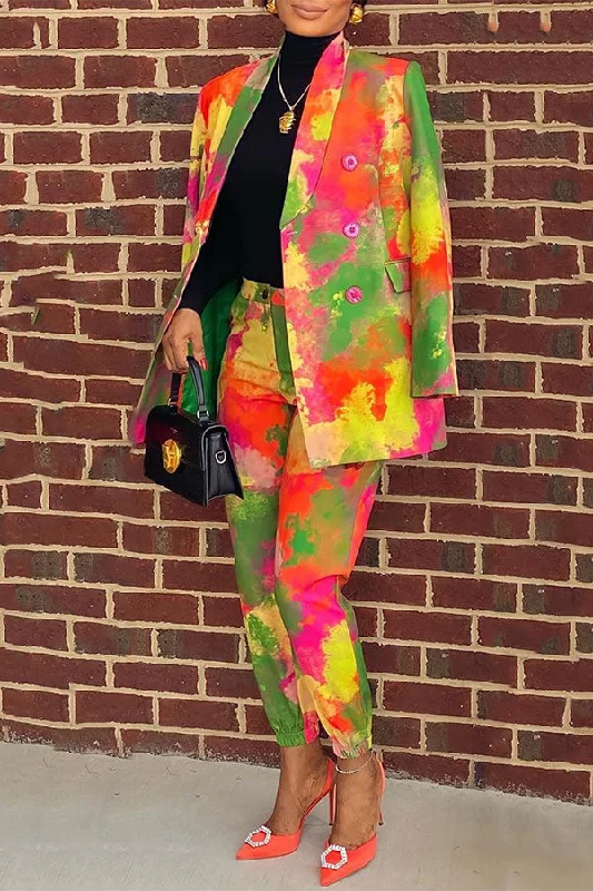 Colorful Splash Ink Print Shawl Collar OL Pant Suit Classic Straight-Leg Pants