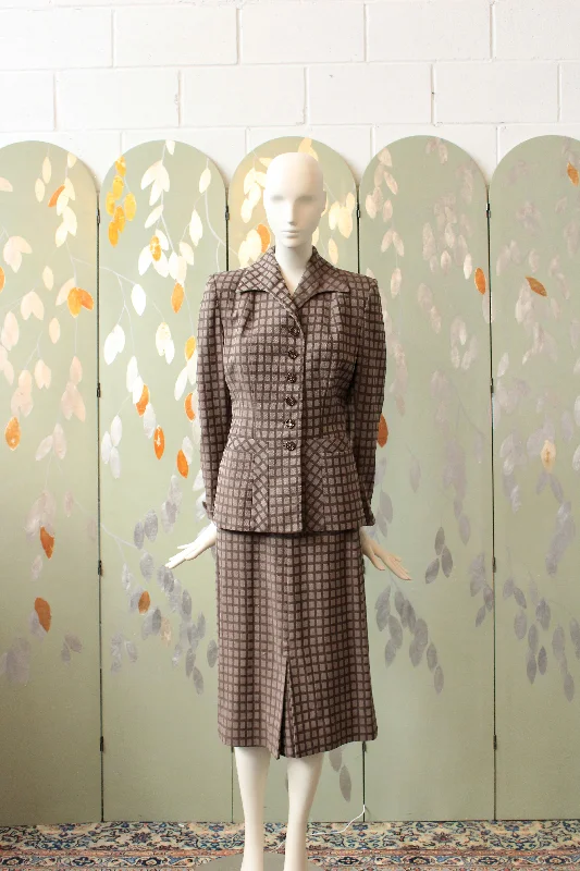 Vintage 1950s Purple And Taupe Checkered Skirt Suit Set, XS velvet skirt plush