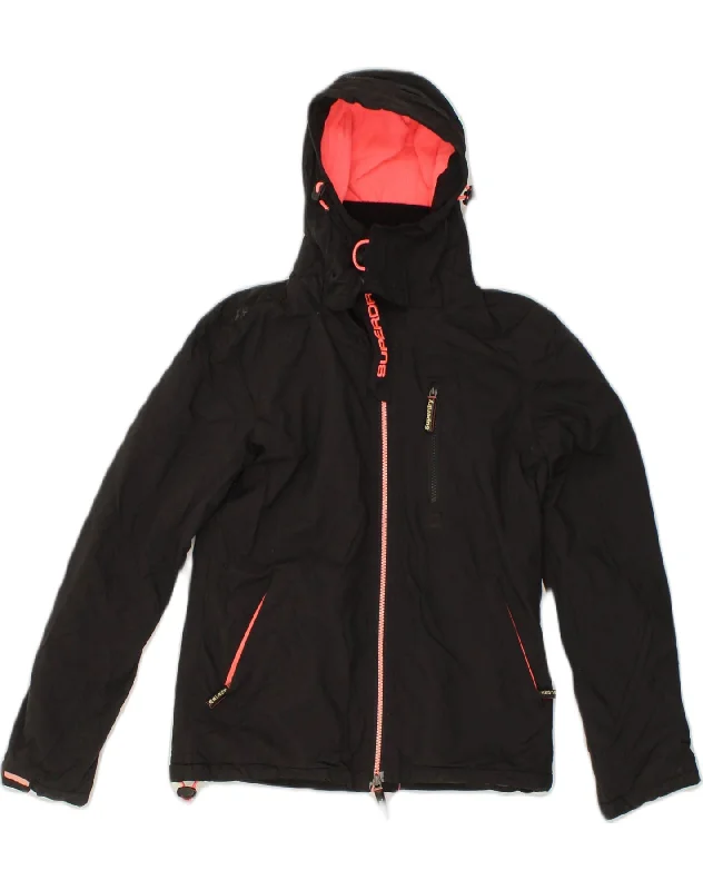 SUPERDRY Womens Windhiker Hooded Windbreaker Jacket UK 6 XS Black Nylon Cardigan Sweater Pullover