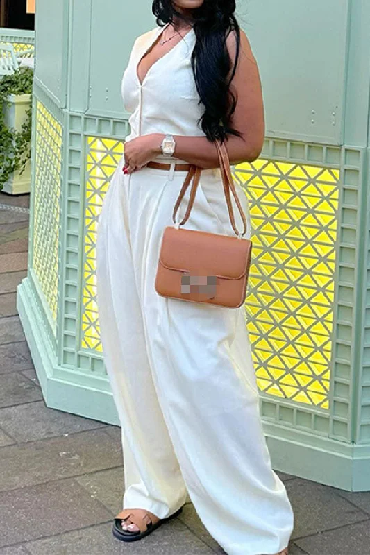 Solid Color Sleeveless Feminine Wide Leg Pant Suit Formal Linen Trousers