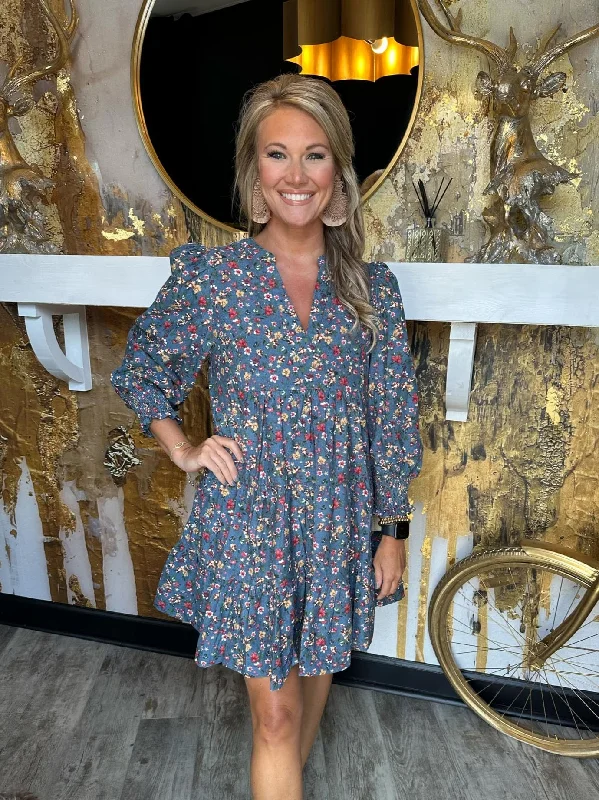 Dusty Blue Floral Corduroy Dress
