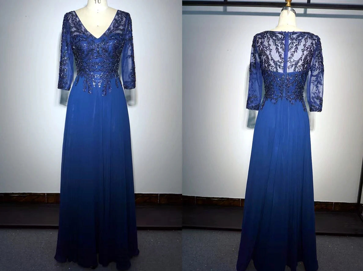 Aline Sequined Applique Long Formal Blue Mother of Bride Dress with Sleeves Tunics Bestseller popular