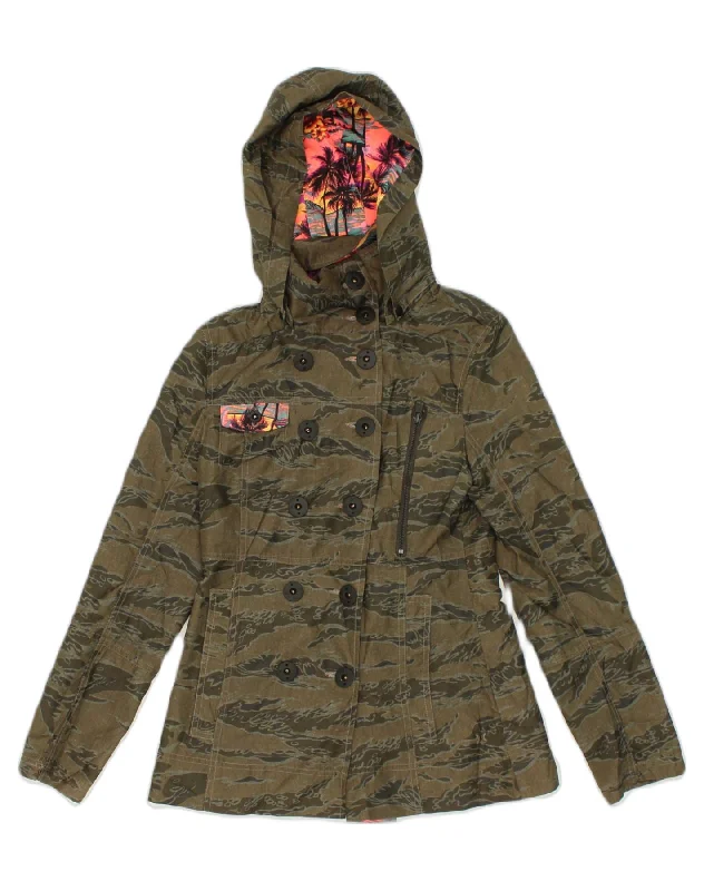 HURLEY Womens Hooded Double Breasted Rain Jacket UK 10 Small Khaki Herringbone Jacket Checkered Jacket Solid Jacket HURLEY Womens Hooded Double Breasted Rain Jacket UK 10 Small Khaki Herringbone Jacket Checkered Jacket Solid Jacket