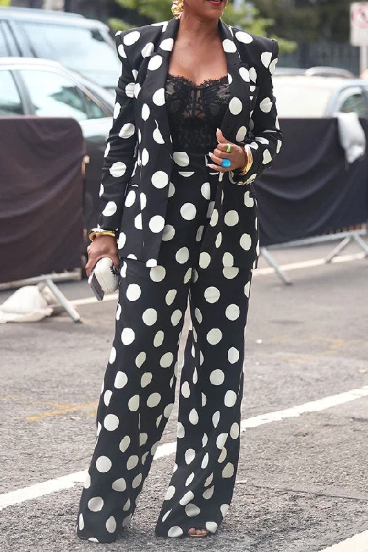 Polka Dot Peak Lapel Feminine Pant Suit Chic Faux Leather Pants