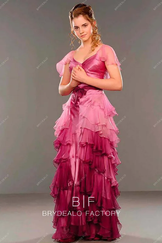 Hermione Granger Yule Ball Pink Ruffled A-line Party Dress Harry Potter Pleated Skirt Elegant