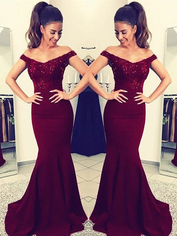 Gorgeous Mermaid Off-the-Shoulder Sleeveless Lace Elastic Woven Satin Prom Dresses