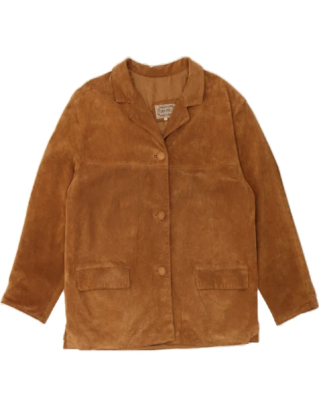 VINTAGE Womens Suede Jacket IT 40 Small Brown Leather Snapped Jacket Toggled Jacket Drawstring Jacket