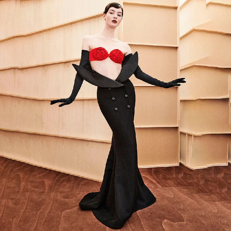 IKEARLAX 2023 black flower dress gloves long dress fishtail dress banquet new evening dress high-end Popular trade dress