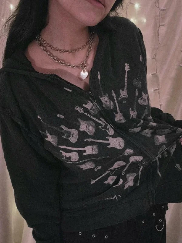 Street Guitar Print Oversized Hoodie Hoodie with Applique Textured Unique