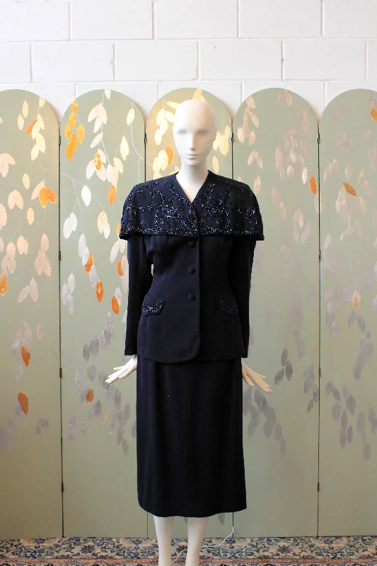 Vintage 1950s Post War Navy Blue Beaded Capelet Wool Skirt Suit Set, XS denim skirt classic