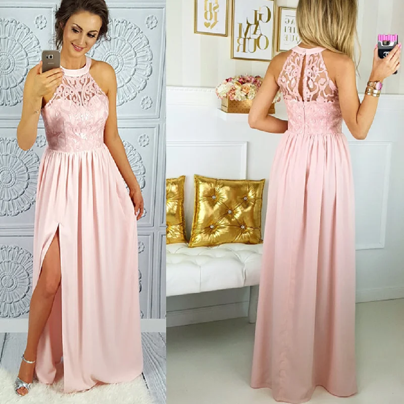 Long Prom Dresses, Chiffon Prom Dresses, Side-Split Party Dresses, Halter Evening Dresses, Sleeveless Prom Dress, Pink Prom Dress, Lace Prom Dress, LB0585 High-Low Hemline Casual