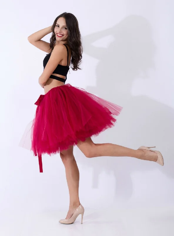 Burgundy Tulle Short Dance Tutu Skirt pleated skirt texture