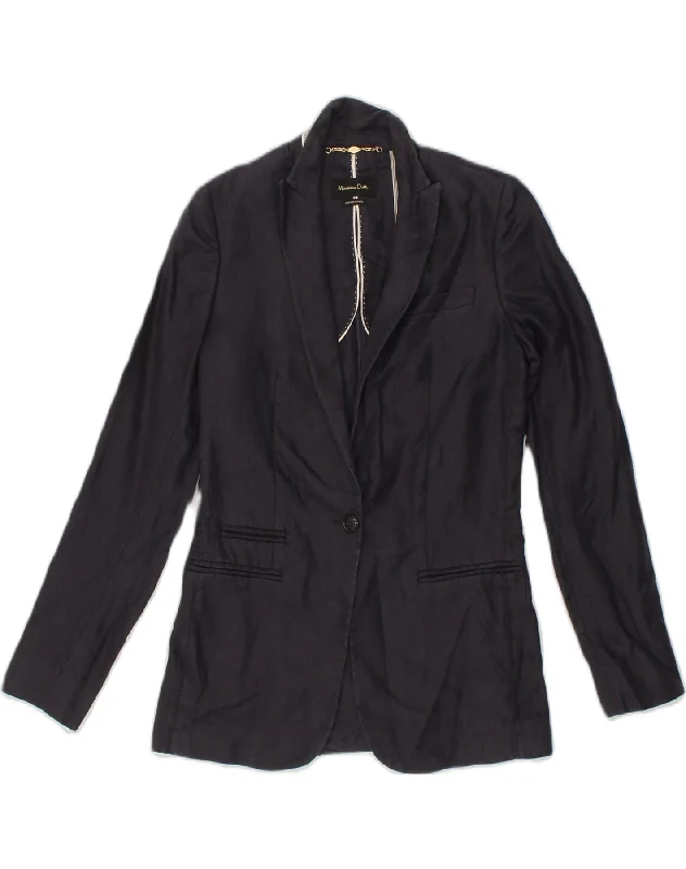 MASSIMO DUTTI Womens 1 Button Blazer Jacket UK 12 Medium Navy Blue Snapped Jacket Toggled Jacket Drawstring Jacket