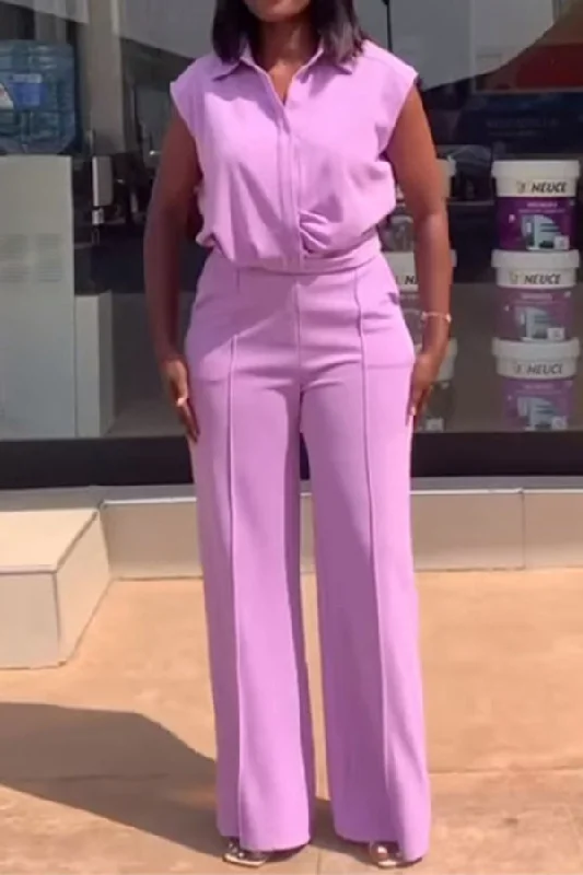 Solid Color Simple Wide Leg Pant Suit Chic Faux Leather Pants