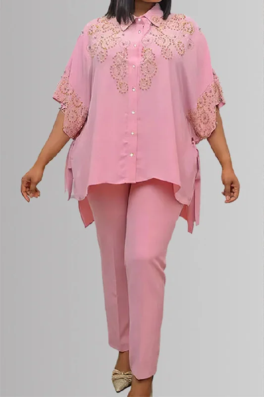 Tribal Pattern Rhinestone Pretty Batwing Sleeve Lace-Up Pant Suit Trendy Printed Leggings