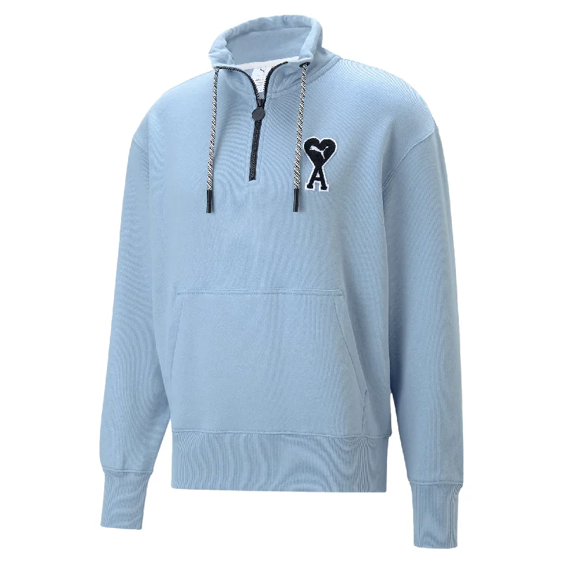 Puma x AMI Half-Zip Sweatshirt Faded Denim Hoodie with Belted Waist Structured Tailored Puma x AMI Half-Zip Sweatshirt Faded Denim Hoodie with Belted Waist Structured Tailored
