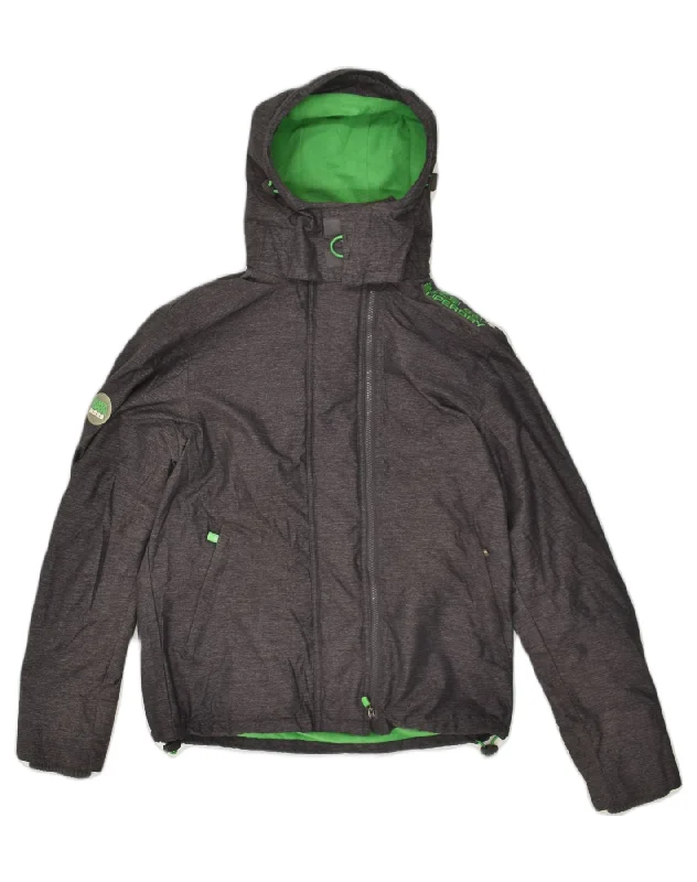SUPERDRY Womens Hooded Rain Jacket UK 14 Medium Grey Nylon Wool Fabric Cashmere Fabric Tweed Fabric