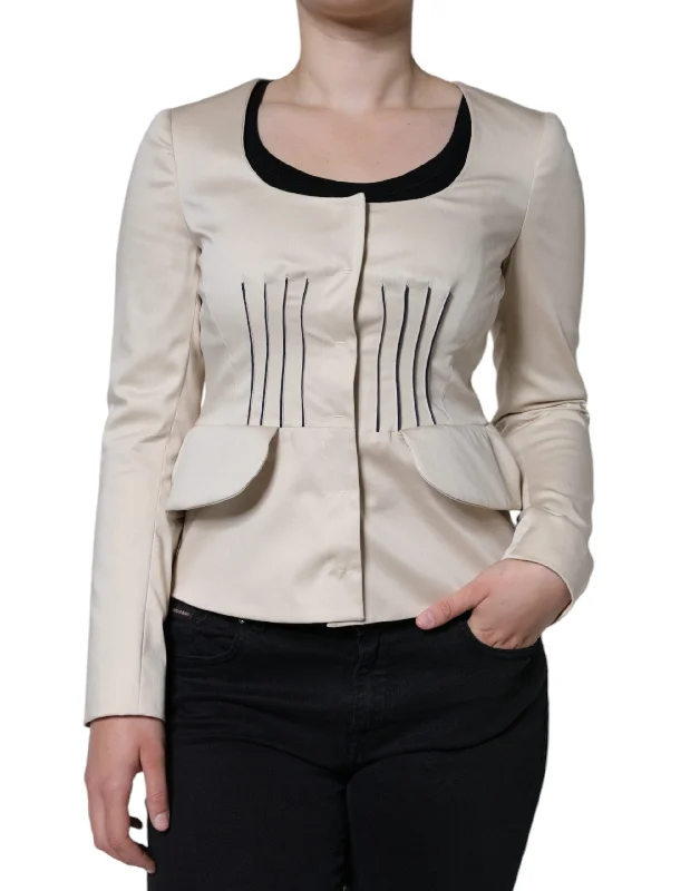 Valentino Beige Cotton Long Sleeves Round Neck Blazer Women's Jacket (Pre-Owned) Print Jacket Jacquard Jacket Patchwork Jacket