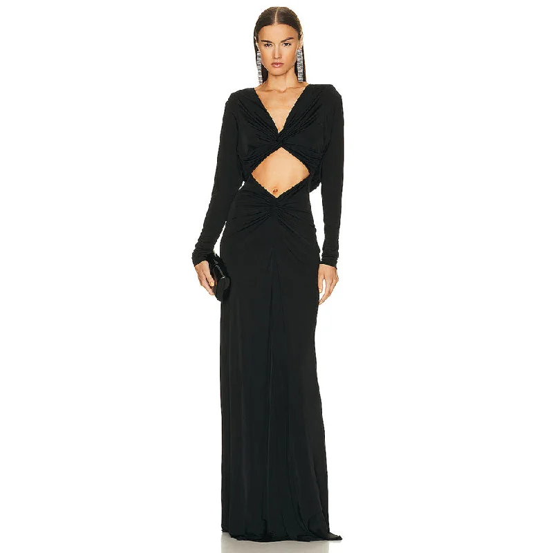 IKEARLAX Cross-border 2025 women's clothing 2023 winter new long-sleeved kinked navel dress dress  black long