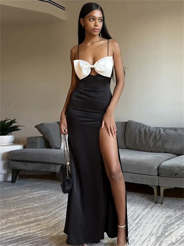Wjczt Tee Bow High Split Contrast Maxi Dress Female Slim Patchwork Holiday Beach Backless Fashion Party Dress Women Gown Dress Tunics Fashionable trendy