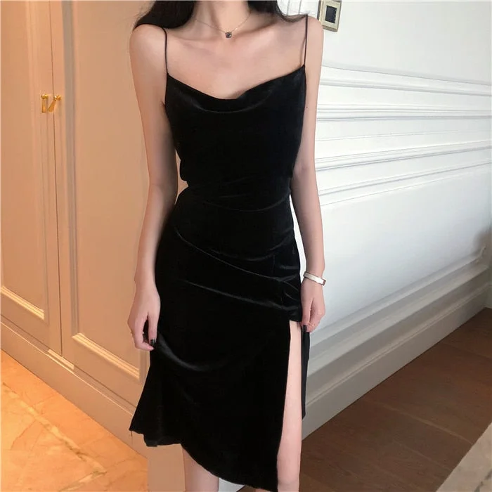 Wjczt New Vintage Women Dress Spaghetti Strap Slit Velvet Black Dress Sexy Bodycon Bandage Dress Midi Party Dress Verano Vestidos Tunics Business professional