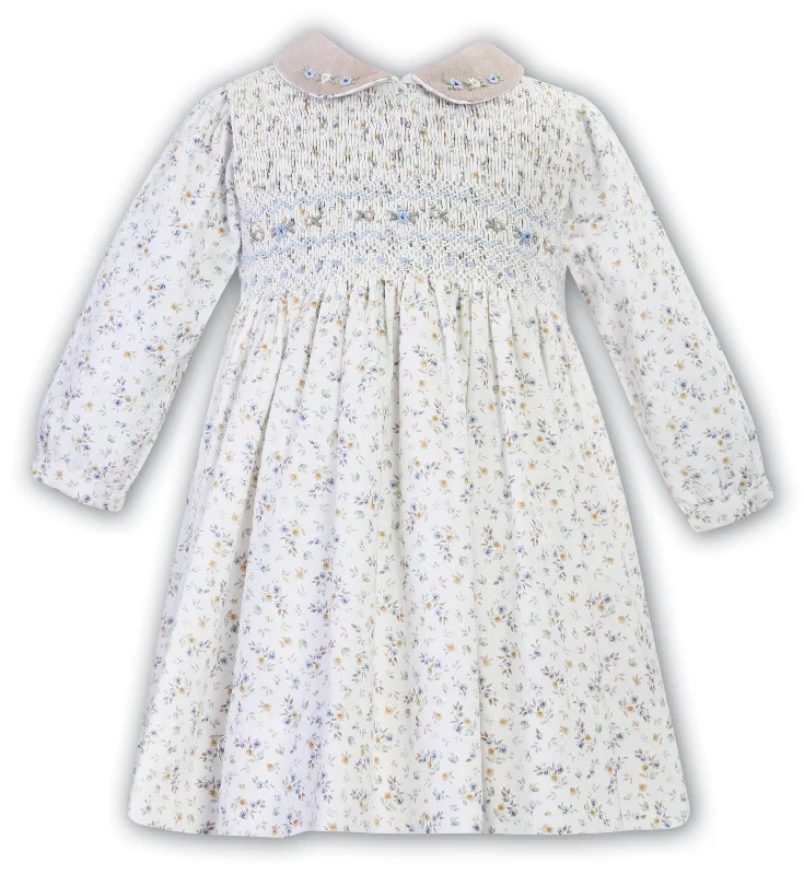 AW23 Sarah Louise Ivory, Beige & Blue Ditsy Print Smocked Dress Tunics Running lightweight