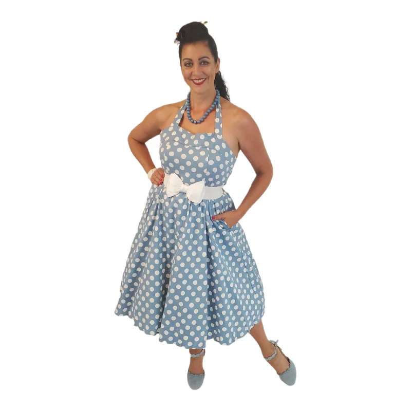 GGR Corset Halter Dress in Blue with White Polka Dots Elegant Long Evening