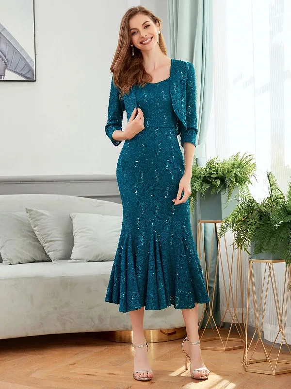 Mid-Length Peacock Lace Fit and Flare Glitter Mother of The Bride Dresses Two Pieces Tunics Vintage classic
